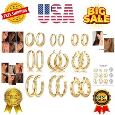 9 Pairs Gold Hoop Earrings for Women, 14K Real Gold Plated Chunky Hoop Earrin...