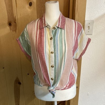 Thread & Supply Women s Linen/Cotton Blend Tie Waist Button Up Size M Blouse