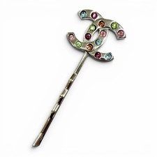 CHANEL 00T Rhinestone Decoration Coco Mark Hairpin Hair Accessory Silver Multi M