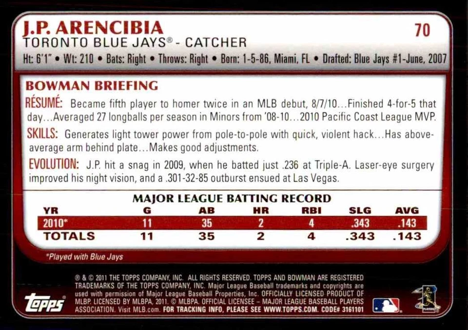 2011 Bowman Gold J.P. Arencibia Toronto Blue Jays #70 - Image 2 of 2