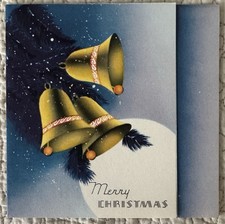 Unused Christmas Art Deco Yellow Bells Pine Tree Vtg Greeting Card 1930s 1940s