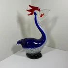 Vintage Murano Style Art Glass Pelican Figurine with Fish in Beak – Blue & White