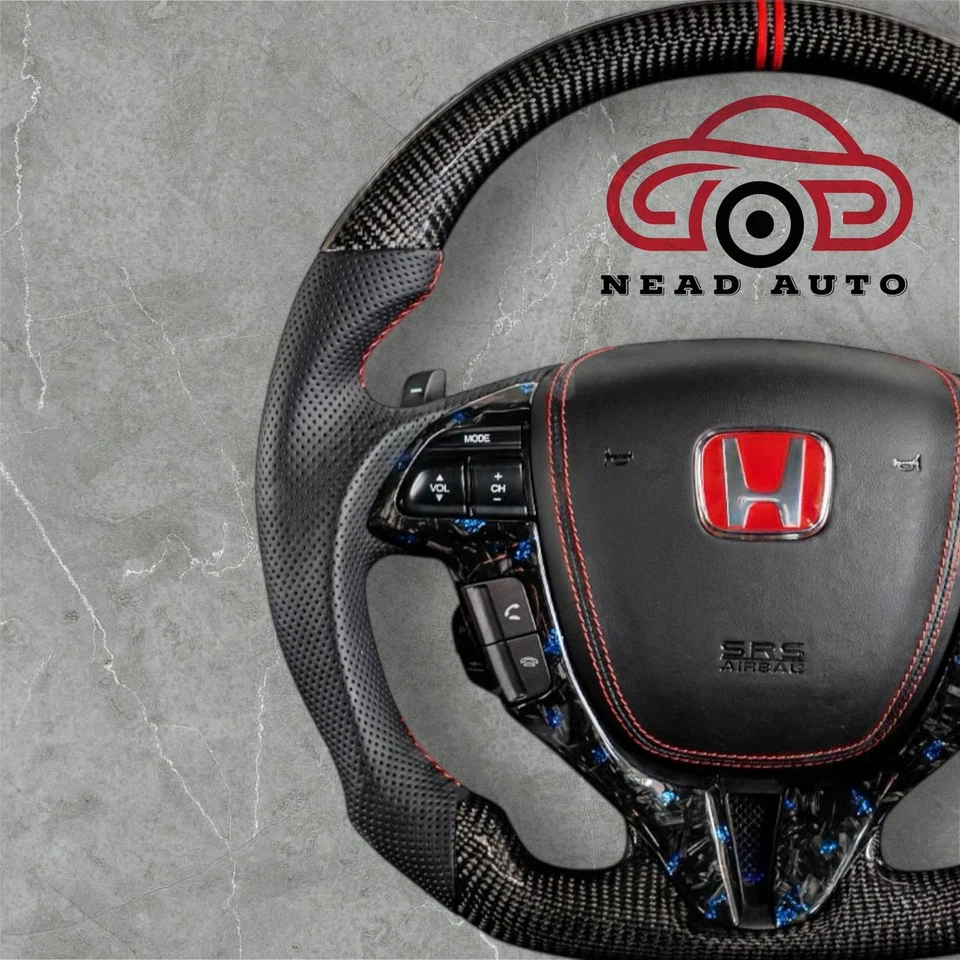 Volante de fibra de carbono Honda Accord 2008-2012 con empuñaduras de cuero perforado Foto 2 de 4
