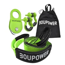 Offroad Recovery Kit with 3'' x8' Tree Saver Strap, 10 Ton Snatch Block Green