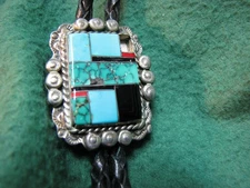 Native American Indian Sterling Silver & Turquoise BOLO W/ Black Leather As Show