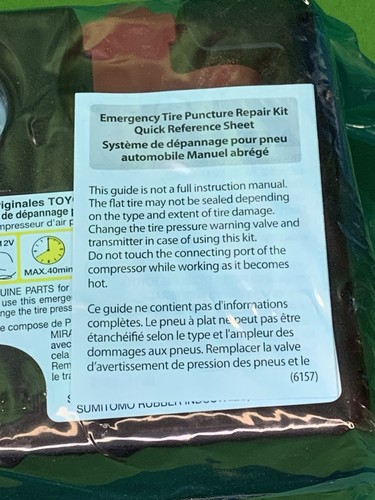TOYOTA GENUINE PART Emergency Tire Puncture Repair Kit AIR COMPRESSOR OEM (2027) - Picture 5 of 11