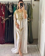 Long White Georgette Kaftan Moroccan Abaya Dress Fancy SALE Eid Farasha Gown