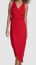 Siena Womens Red Sleeveless Faux-Wrap O-Ring Midi Dress Size:; 6
