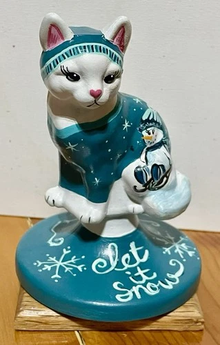 Fenton  GLASS  Cat &  Birds Sledding Snowman on 4” CAT  on  Font Rachelle   OOAK