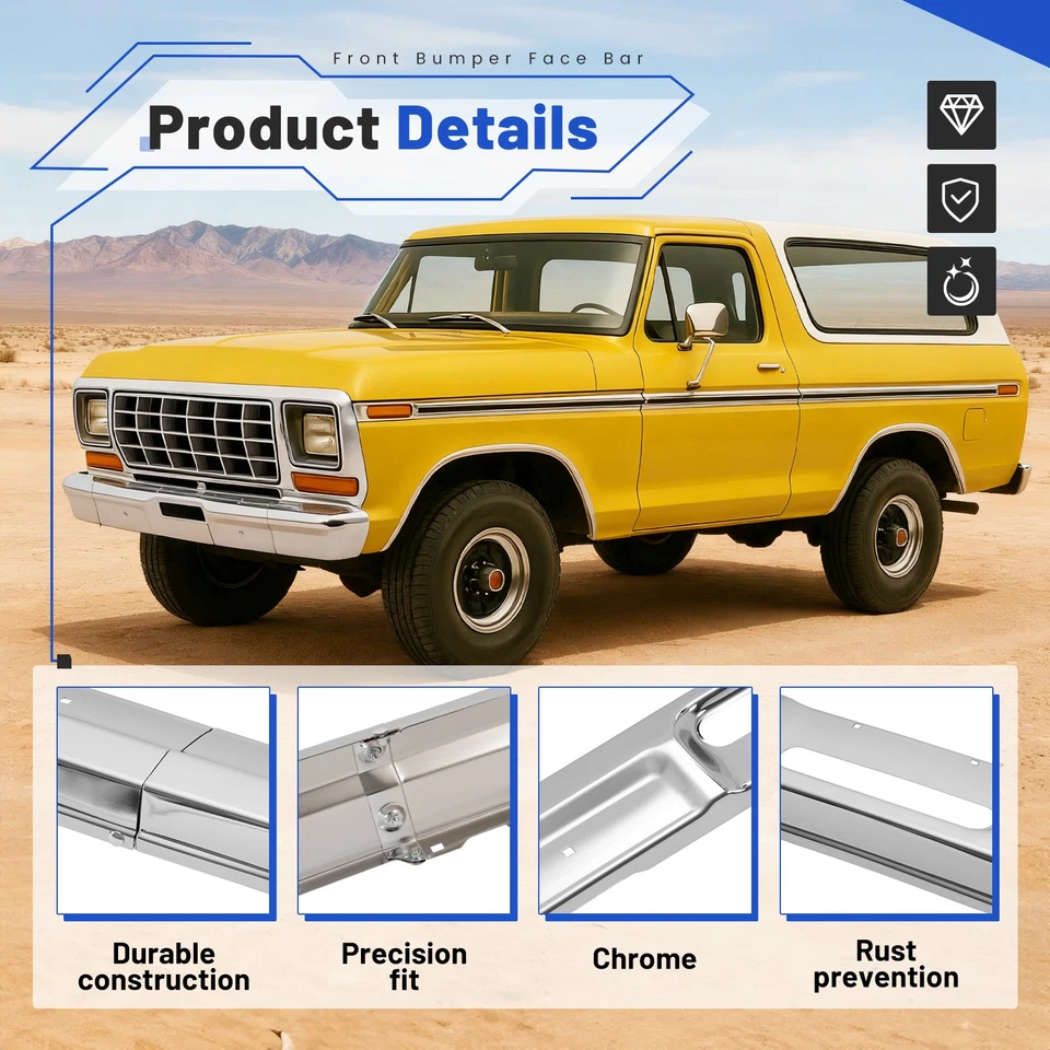 Chrome Front Bumper Face Bar For Ford Bronco F-100 F-150 1978 1979丨FO1002148 NEW Foto 3 de 4