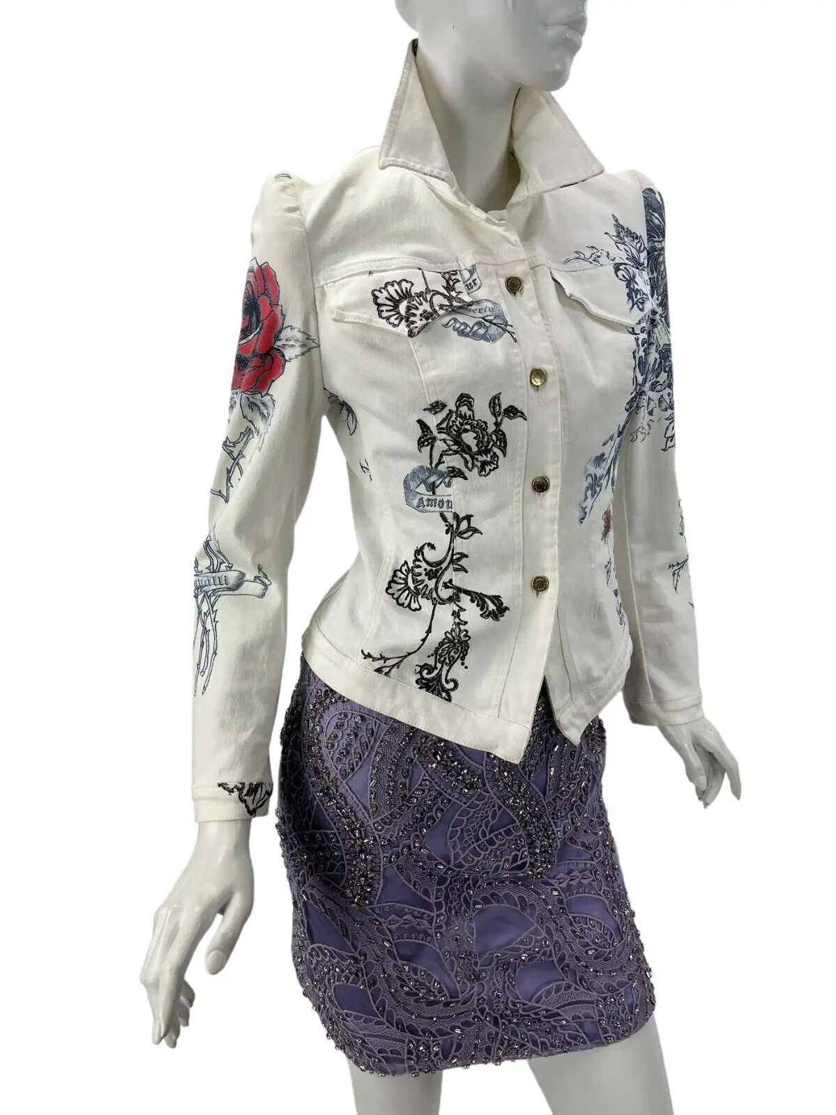 2003 Vintage Roberto Cavalli Tattoo Printed White Denim Jacket Size M image 2