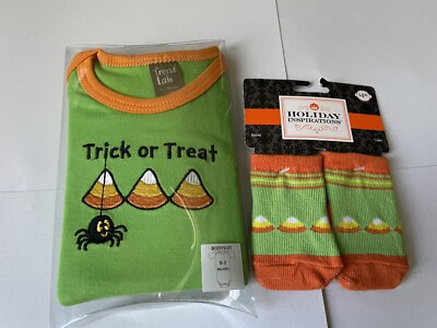 Trick or Treat Halloween candy corn baby bodysuit romper 0-3 months with socks