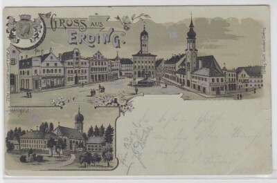 53348 Moonlight Postcard Greetings from Erding - Holy Blood, Market Square 1900