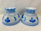 2 Vintage Hurricane Lamp Shade Milk Glass Blue Floral Hand Painted 8" Fitter B