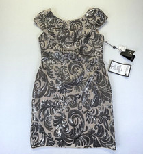 Adrianna Papell Dress Womens 8P Sequin Party Formal Wedding Mother Beige Neutral
