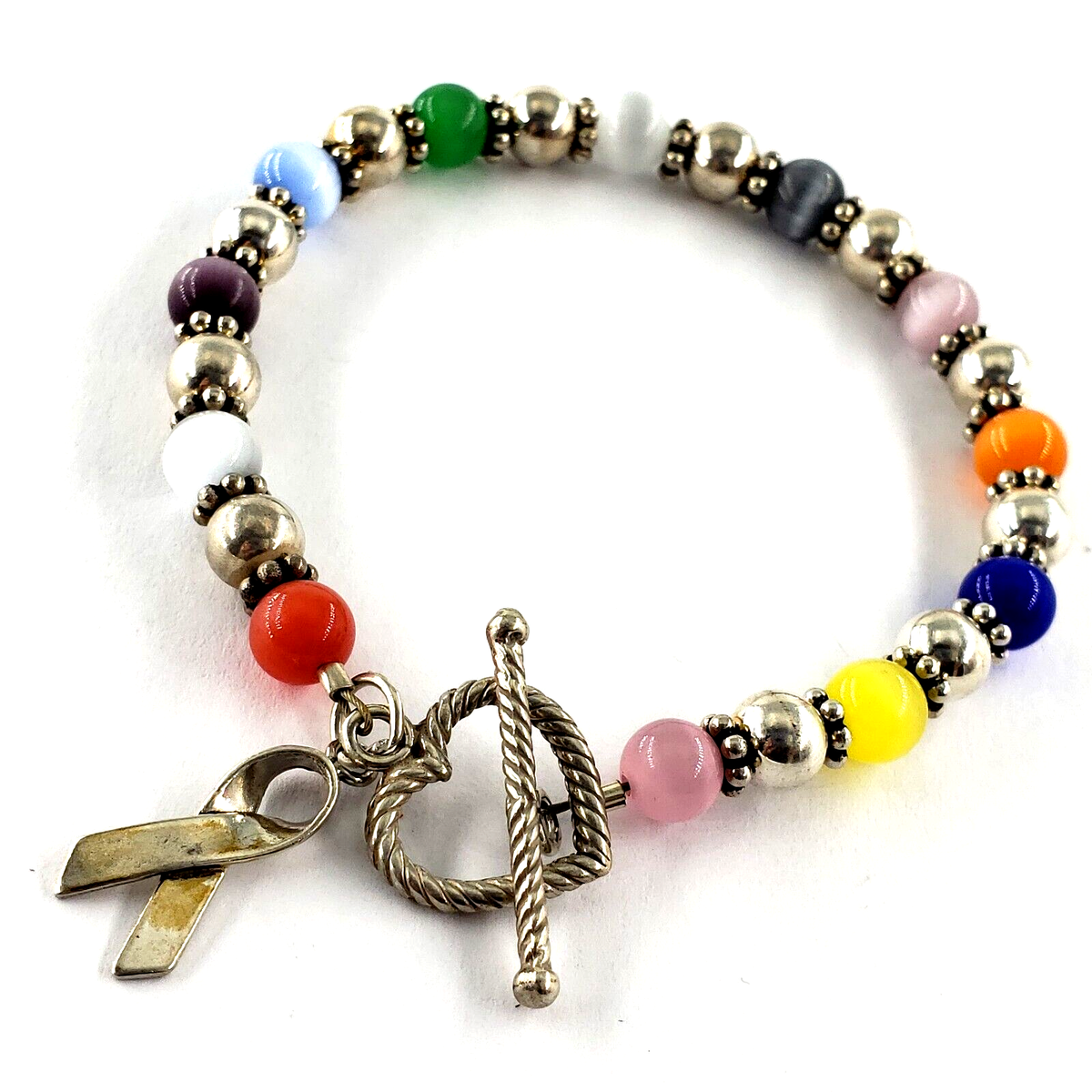 Sterling Silver Bracelet Womens Breast Cancer Ribbon Charm