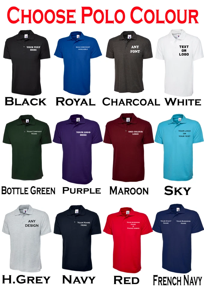 Personalised Custom Printed Polo Shirt Uneek your text logo unisex workwear top  - Image 2 of 4