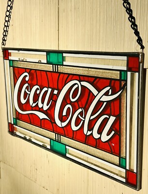 Vintage 90's Coca Cola Hanging Stained Glass Sign 24in X