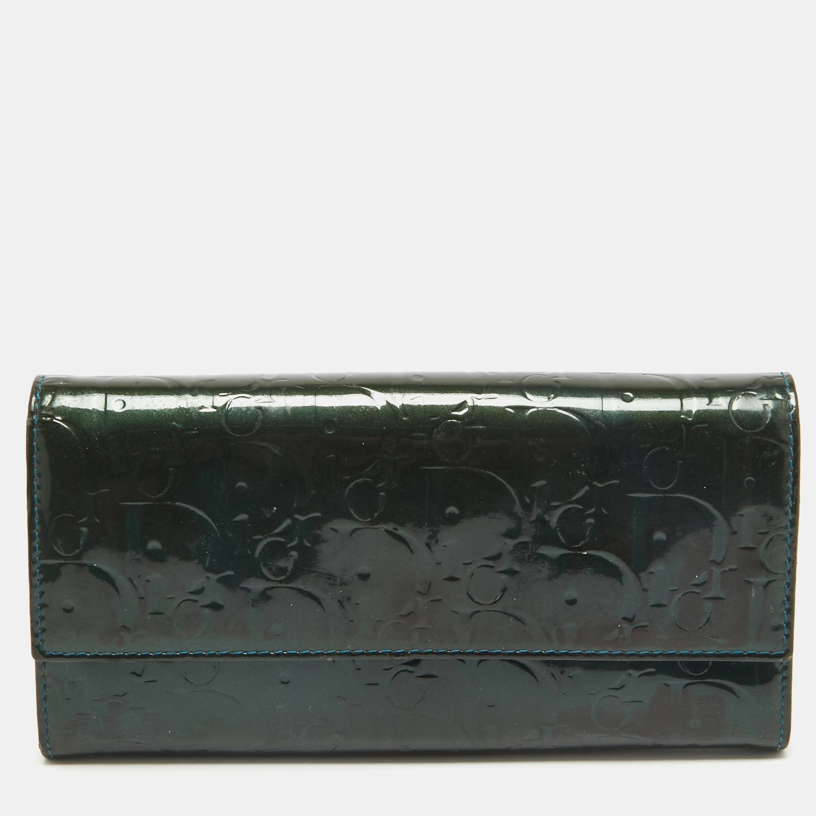 Portefeuille à rabat continental en cuir verni oblique gaufré vert Dior