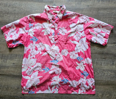Barefoot In Paradise Hawaiian Mens Shirt Size XL 1/4 Button Up Floral Red