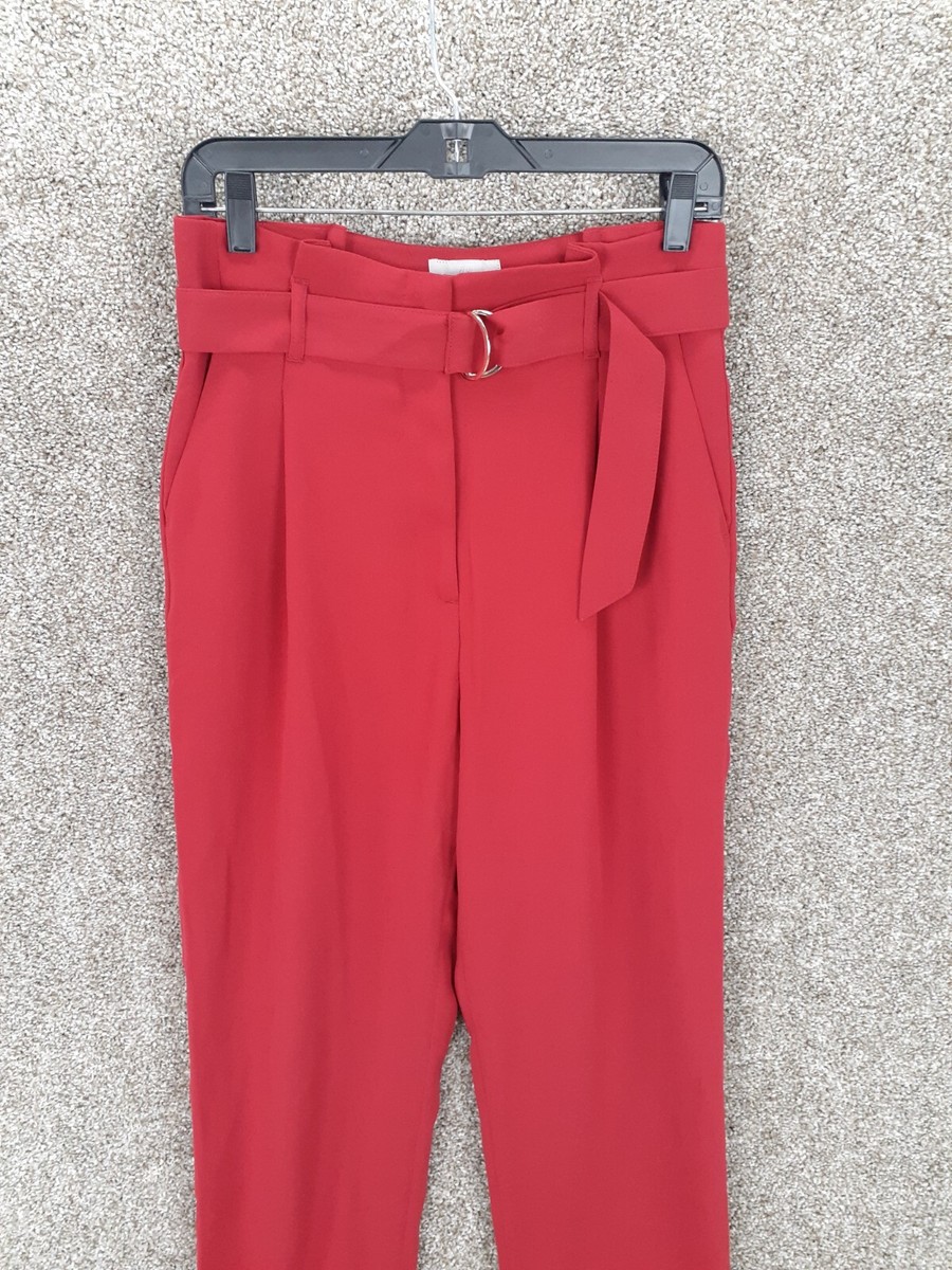 H&M High Waist Belted Pants Women 6 Bright Red Pockets Flowy