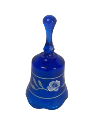 Fenton Cobalt Blue Glass Bell Hand Painted Floral Signed M Archer