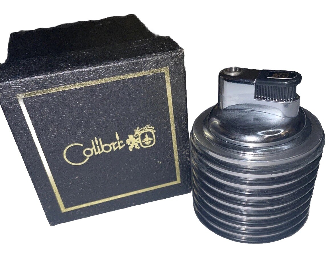 Vintage Colibri Silver Table Lighter and Box- Chrome Piston w/rubber rings-Works