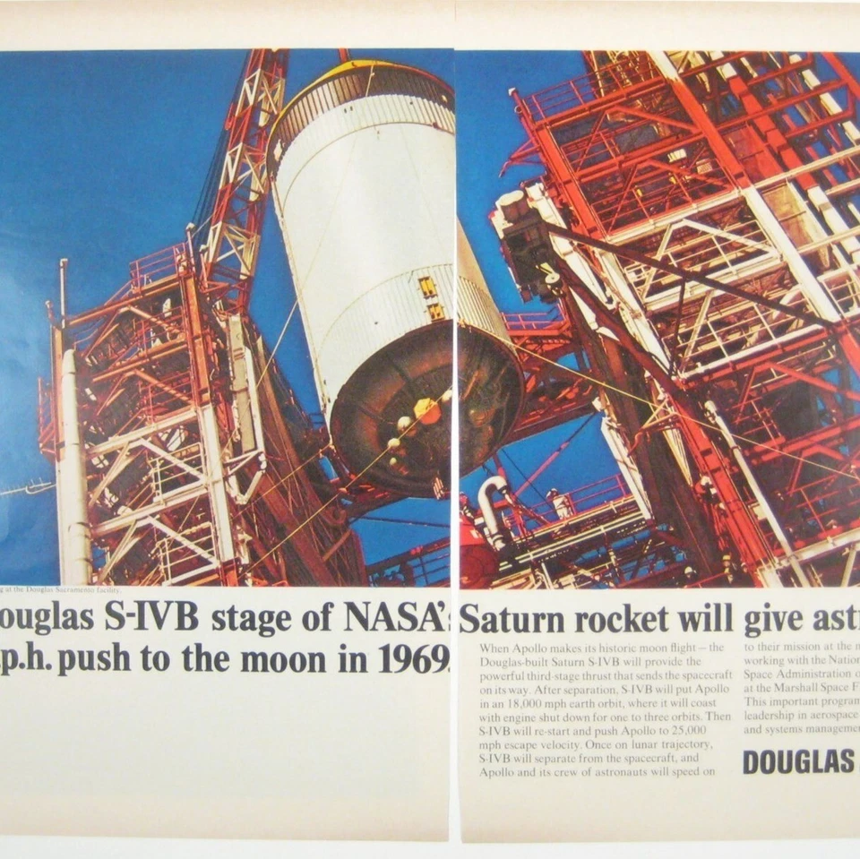 Vintage 1966 Douglas S-IVB Stage NASA Saturn Rocket 2 Page Print Ad Moon Space - Image 2 of 2