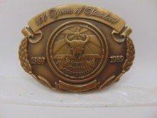 North Dakota Statehood 1889 1989 Belt Buckle 100 Years Vtg Rough Cut Cowboy