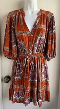 Porridge Anthropologie Orange Print Fit Flare Rayon Belted Dress Medium