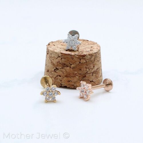 SIMULATED DIAMOND SILVER ROSE YELLOW GOLD DAISY FLOWER TRAGUS LABRET 6MM STUD