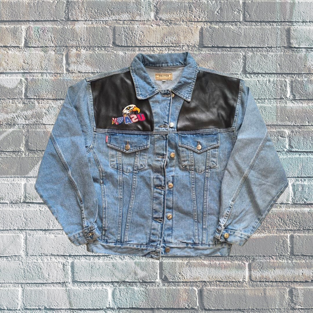 ALTRA Giacca denim Mohicans Remake con toppa in pelle USA Eagle look vintage