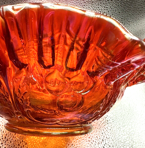 Mosser Red Carnival Glass Grape & Cherry Thumbprint Ruffled Bowl Original Tag - Picture 12 of 24
