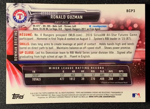 2017 Bowman Chrome Prospects #BCP3 Ronald Guzman Rangers - Picture 2 of 2