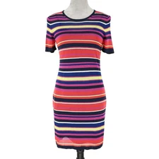Trina Turk Sweater Dress Womens Small Knit Lined Black Red Blue Stripe Career