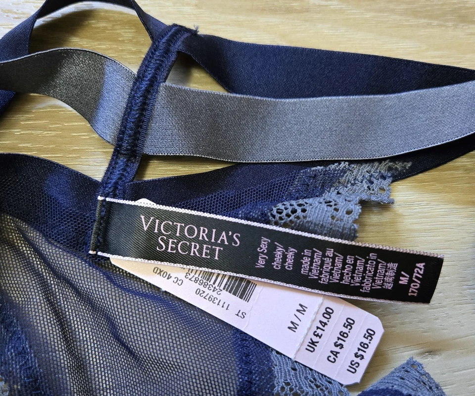NUEVO CON ETIQUETAS Victoria's Secret Bragas Descaradas Muy Sexy Malla Transparente Encaje Triple Correa M Foto 3 de 3