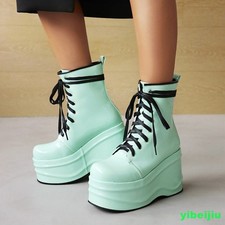 Cosplay Women's Platform Ankle Boots Wedge High Heel Lace Up Shoes Shiny Leather