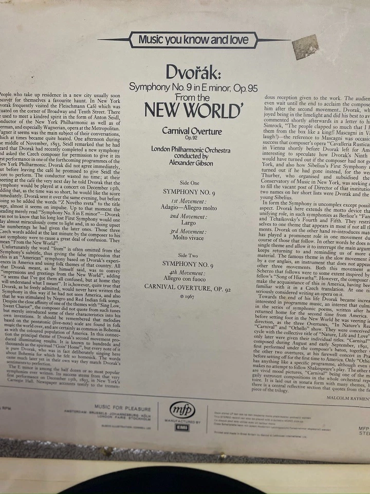 Carnival Overture Dvorak New World Symphony Vinyl LP MFP 57001 VG+ - Image 2 of 4