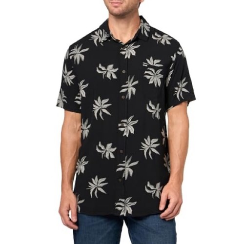 Rip Curl Fun Times Palm Print Button-Up Shirt XL Black Gray Viscose Camp Collar
