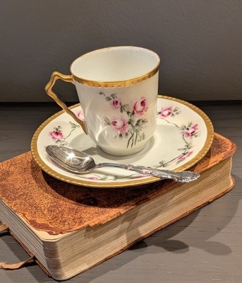 ANTIQUE 1909 LIMOGES Demitasse Floral Pattern Cup & Saucer ''S'' Monogram - 22K