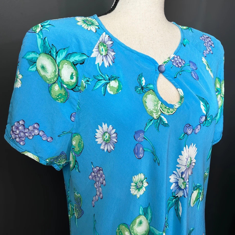 Vintage 90s 100% Silk Blue Fruit Floral Print Midi Dress Keyhole Twee Retro 12 - Image 2 of 4