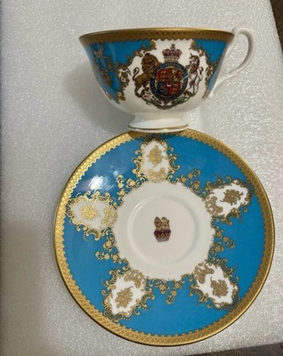 Queen Elizabeth Coat Of Arms Teacup & Saucer, Royal Collection, Blue, Gold  