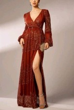 Giffniseti 4XL Sexy V Neck Sequin Long Sleeves Slit Evening Dress Cocktail New
