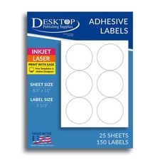 White 3 1/3" Round Large Circle Labels - 6 Labels Per Sheet - for Inkjet Laser