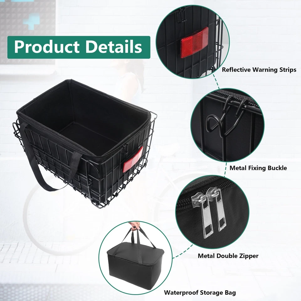 Folding Bike Basket Rear Rack with PU Waterproof Liner Bag and Net Cover Bicycle - Image 4 of 4
