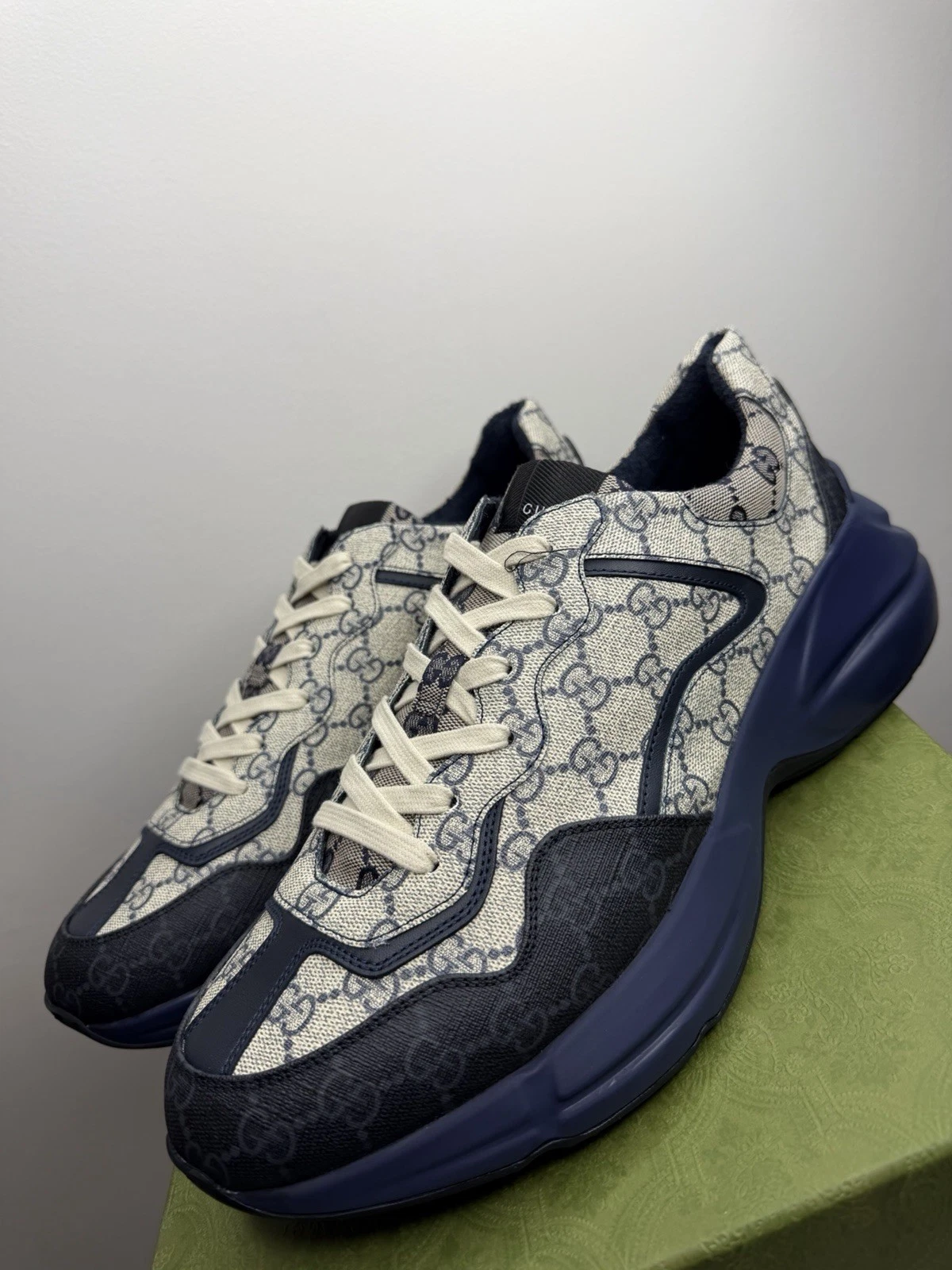 Gucci — Gucci Mens Brown Navy Leather GG Monogram Rhyton Sneakers Size 12UK/13US