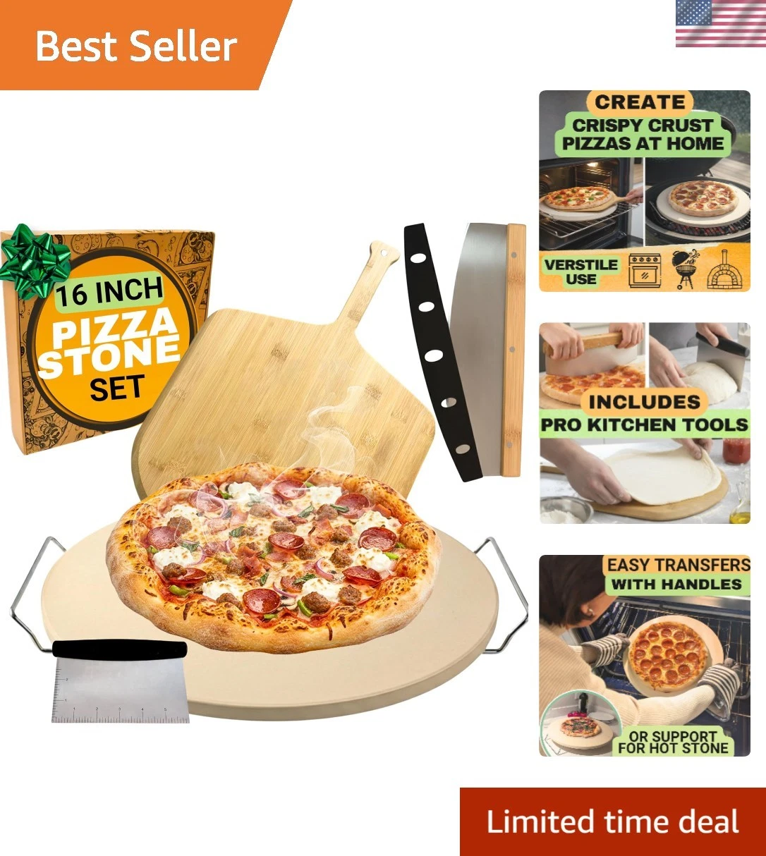Large 16-Inch Round Pizza Stone Set with Wood Peel & Durable Cutter - Gift Ready