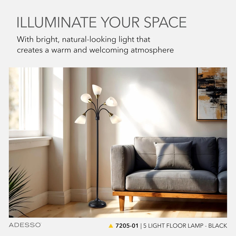 Lámpara de pie moderna de arco regulable con 5 pantallas móviles para decoración de salón Foto 2 de 4