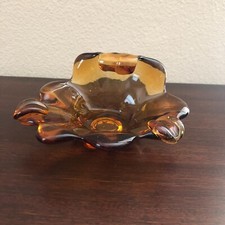 Vintage Art Glass Amber Trinket Dish Ashtray Yellow