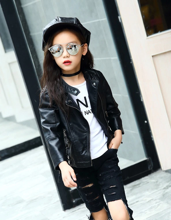 Kids Boys Girls Faux Leather Jacket Biker Outerwear Coats Trench Coat Outerwear - Image 3 of 4